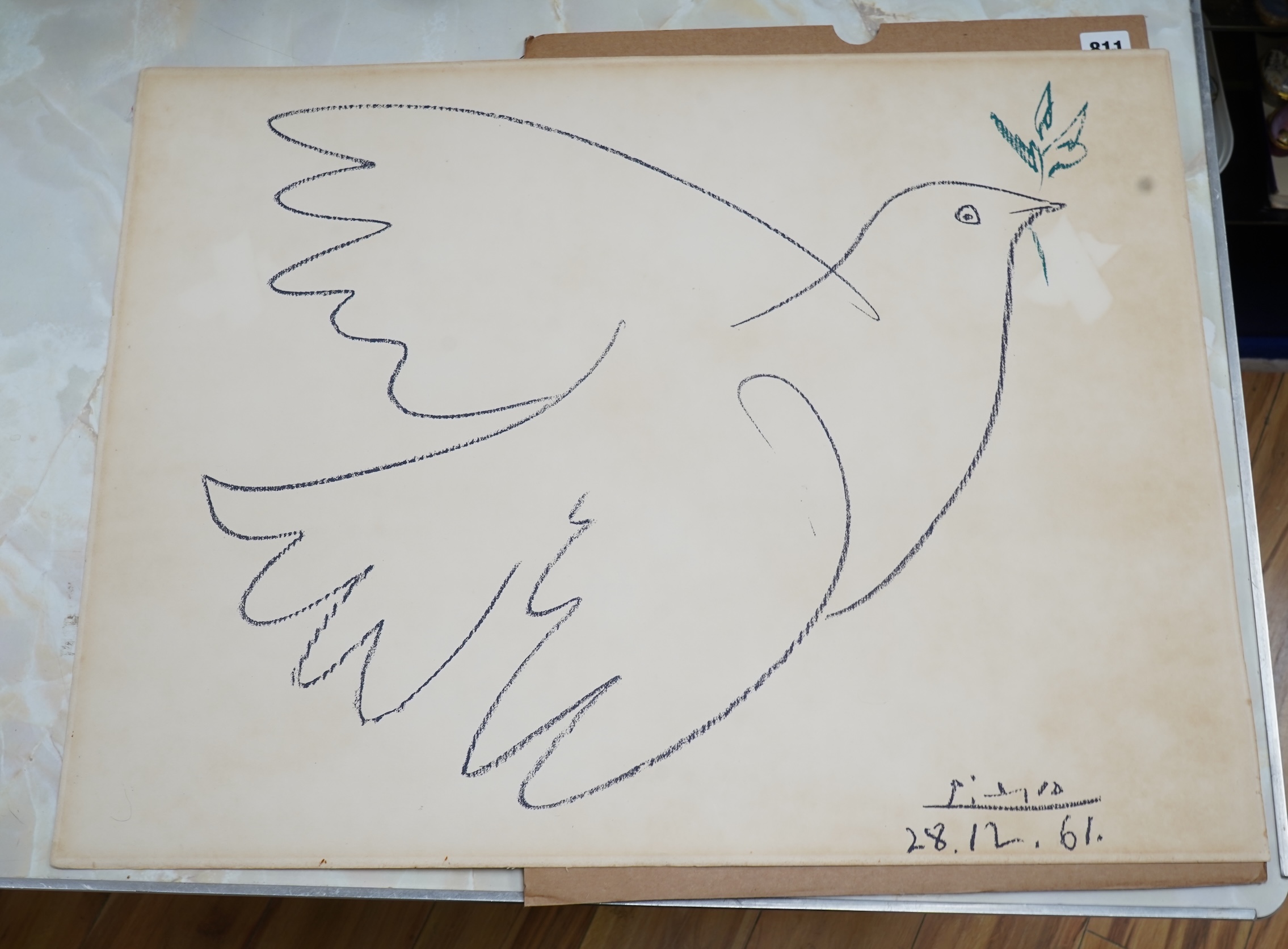 After Pablo Picasso (Spanish, 1881-1973), ‘Dove of Peace’, signed and dated 28.12.61 in the plate, Editions combat pour la paix copyright SPADEM PARIS stamped verso, lithograph, unframed, 50 x 66cm
